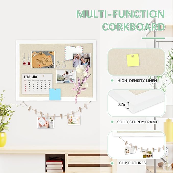 DOLLAR BOSS Cork Board Bulletin Board with Linen Double-Sided 24" x 18" Linen Corkboards for Walls Picture Display Vision Board for Office Home School Framed Picture Pin Board, 20 Pushpins 10 Clips