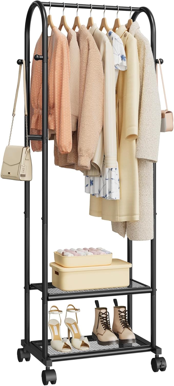 Heavy Duty Premium Clothes Rack with 2-Tier Mesh Shoe Shelves & 4 Hooks, Lockable Wheels, Space-Saving, Multi-Functional for Bedroom, Entryway, Closet, Modern Design, 18.4" x 12.6" x 72", Black