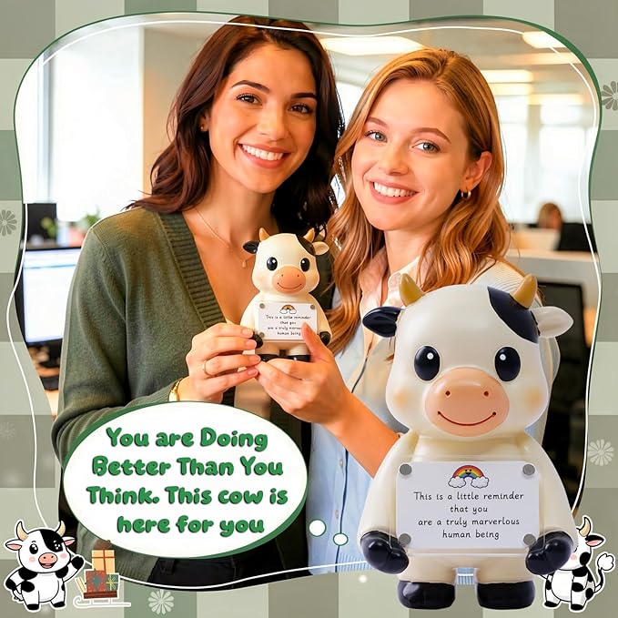 Positive Cow Figurine - 5.1" Tall Hand-Painted Resin Indoor Office Desk Decoration with Cute Motivational Sign, Funny Gift for Women Friends Bestie BFF Bestfriend Coworkers