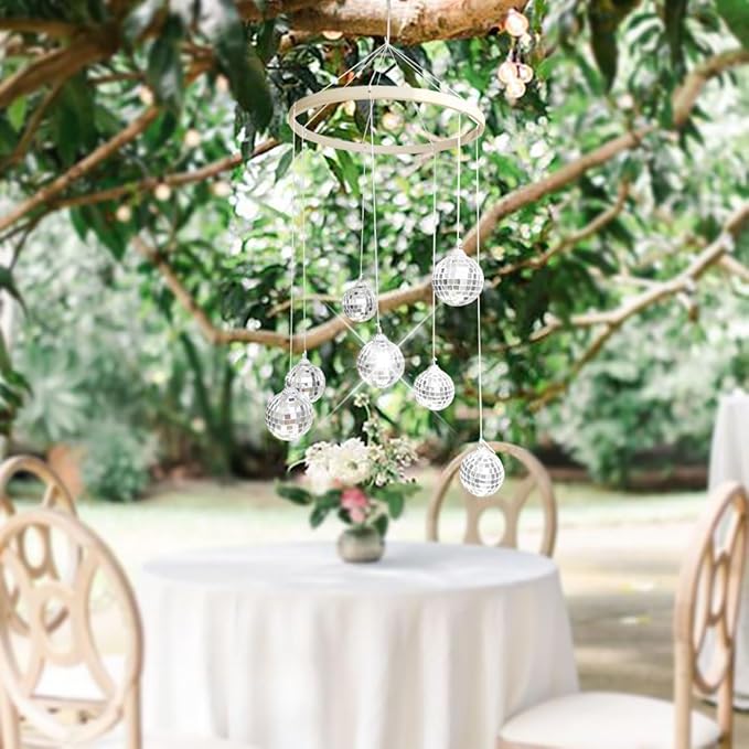Dazzling Disco Ball Mobile, Spiral Spinner Ball, 7.8 Inch Nature Bamboo Circle, Indoor Outdoor Yard Garden Patio Home Decoration for Party Activities Wedding Birthday Music Festival
