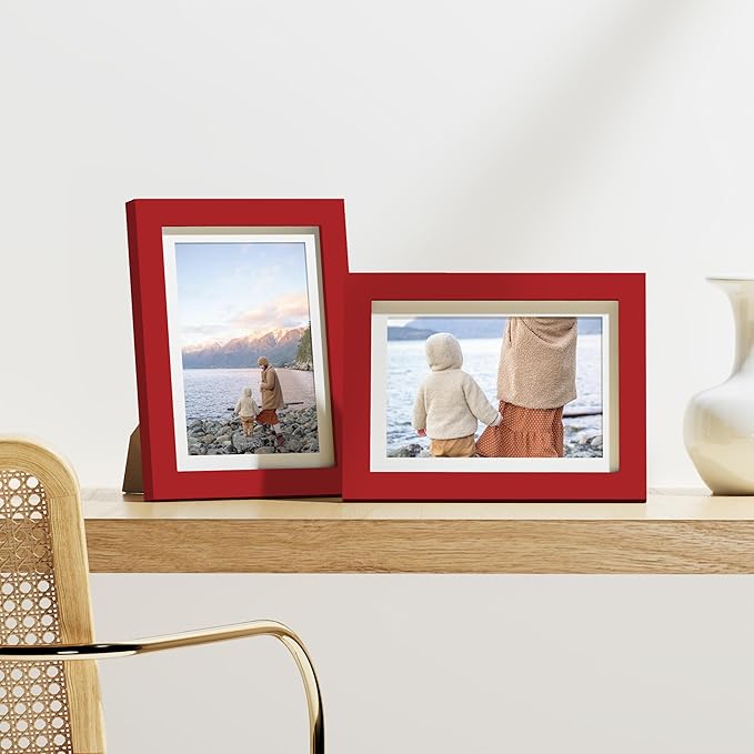 Vittanly 5x7 Picture Frames Set of 9, Shatter Resistant Plexiglass, Display 4x6 Pictures with Mat or 5x7 without Mat, Photo Frames for Wall or Tabletop, Engineered Wood, Red