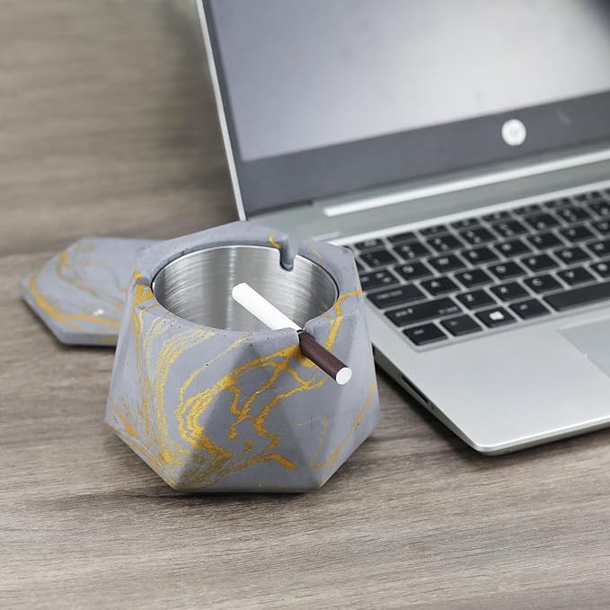 FREELOVE Concrete Ashtray with Lid & Stainless Steel Ashtrays for Cigarettes, Cement Ash Tray Smoking Holder Indoor Smokeless Outdoor Windproof Patio Home Office Cool Decor(Grey-Gold, Large)