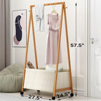 Bamboo Clothing Rack with Top Hanging Garment Rod, 2 Side Hooks & Bottom Fabric Storage Basket and 360° Rotating Wheels, Space-Saving Organizer for toys, Hats, Bags & folded clothes