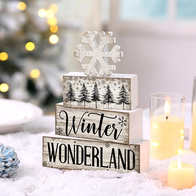 Lineshading 4 Pcs Winter Table Decorations Wooden Snowflake Decor Winter Tiered Tray Decor Rustic Snow Block Signs Gift Farmhouse Christmas Centerpiece for Wonderland Party Kitchen Home