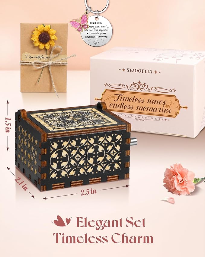 Swooflia Mother's Day Wooden Music Box for Mom with Sunflower Greeting Card - Hand Crank Engraved Musical Box Vintage Mechanism Personalized Gifts for Women On Birthday