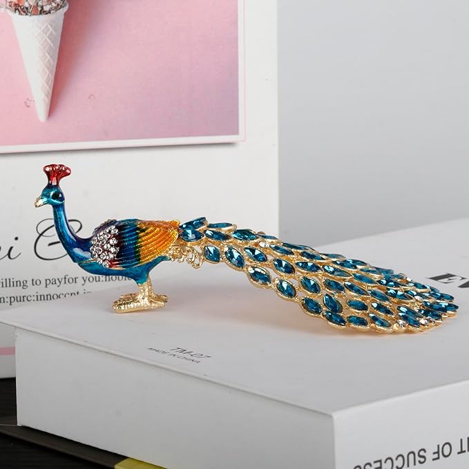 Enameled Peacock Jewelry Box - Hand Painted Collectible Figurine with Crystal Rhinestones, Women and Girls for Rings and Earrings Valentine Decor Gifts