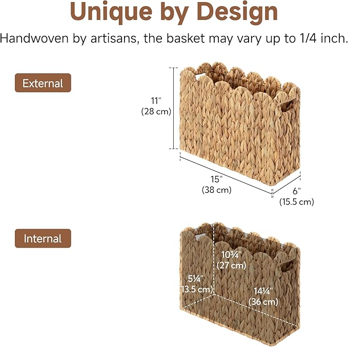 StorageWorks Hand-Woven Magazine Holder, Magazine Wicker Basket for Bathroom, Scalloped Rattan Magazine Holder, Natural Water Hyacinth, 1 Pack