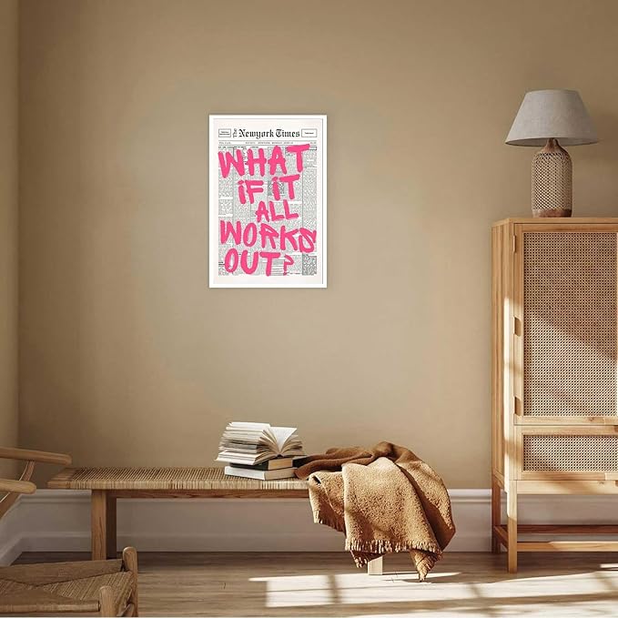 Drimiler Retro Newspaper Pink Font Poster What If It All Works Out Canvas Wall Art Positive Affirming Quote Minimalist Prints Painting For Home Bedroom Dorm Wall Decor 8x12in Unframed