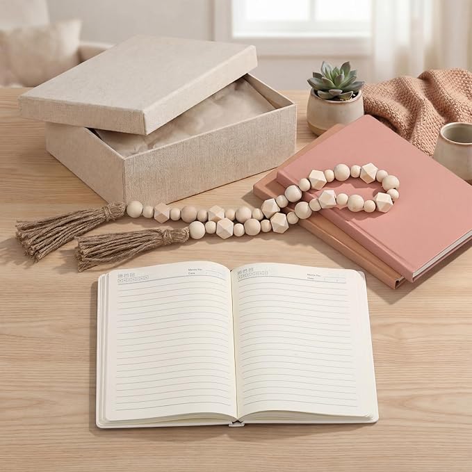 Feifeiya 3 Pieces Faux Decorative Books Set for Home Decor Fake Book for Shelves Coffee Table Stacked Linen Covered Display Notebook with Wood Bead Bookend Gift for Living Room(Neutral Pink)