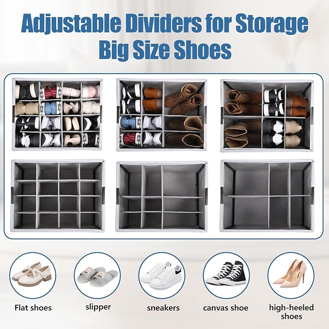 HOUSE AGAIN Shoe Organizer for Closet, 2 Pack Foldable Shoe Storage Organizer Box with Wheels and Adjustable Dividers, Sturdy Metal Frame Fits up to 16-32 Pairs, Large Shoes Storage with Clear Cover
