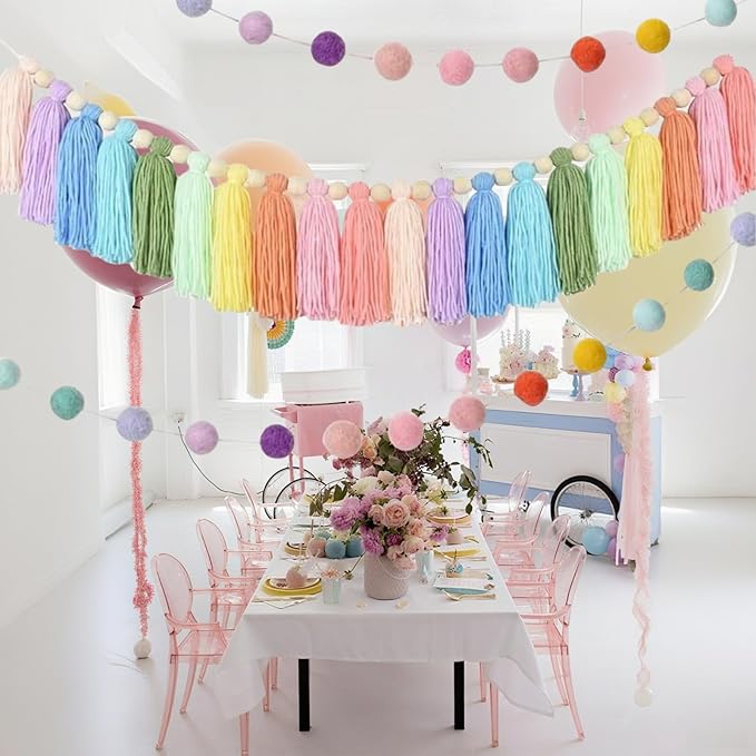 3 Pack Pastel Rainbow Tassel Garland Decorations, Boho Tassel Garland with Wood Beads Colorful Pom Pom Banner Rainbow Wall Hanging Decor for Classroom, Party, Kids Room, Nursery, Baby Shower