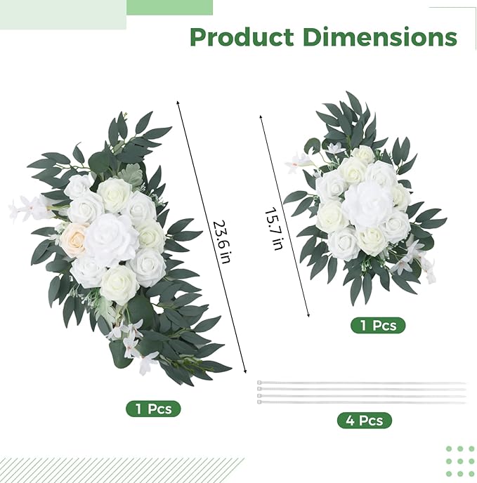 2 Pcs White Wedding Arch Flowers Set, Large 23.6 in & Small 15.7 in Artificial Floral Swag for Outdoor Wedding Decorations, Pre-Assembled for Easy Installation, Polyester Flowers for Longevity