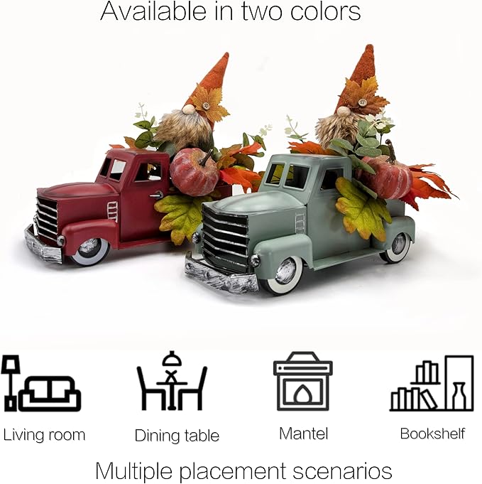 Vintage Turquoise Metal Truck with Gnomes Pumpkin Maple Leaf Farmhouse Table Top Fall Decor, Autumn Themed Thanksgiving Old Pickup Truck Decorations for Home Table Shelf, 12 inch