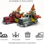 Vintage Turquoise Metal Truck with Gnomes Pumpkin Maple Leaf Farmhouse Table Top Fall Decor, Autumn Themed Thanksgiving Old Pickup Truck Decorations for Home Table Shelf, 12 inch