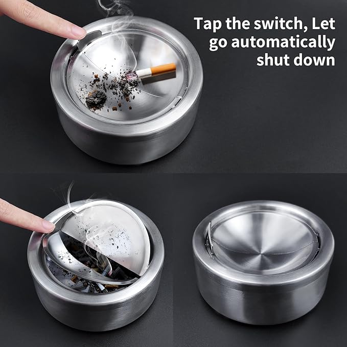 Windproof Ashtray with Lid - Heavy Duty Stainless Steel Ash Tray for Weed and Cigarettes, Smokeless Indoor Outdoor Table Top Cigarette Butt Disposal for Patio Home Office