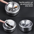 Windproof Ashtray with Lid - Heavy Duty Stainless Steel Ash Tray for Weed and Cigarettes, Smokeless Indoor Outdoor Table Top Cigarette Butt Disposal for Patio Home Office