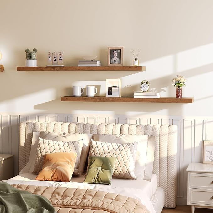 HOOBRO Floating Shelves for Wall, Wall Mounted Shelf Set of 2, 55" Hanging Shelf with Invisible Brackets, for Wall Storage in Bathroom Bedroom Kitchen Living Room Office, Rustic Brown BF140BJP201