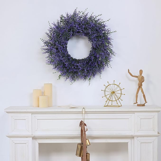 26" Lavender & Eucalyptus Wreath for Front Door, Porch, Window - Large Artificial Greenery Outdoor Wreath for Home, Farmhouse Decor - Spring, Summer, Fall, All Seasons (Purple)