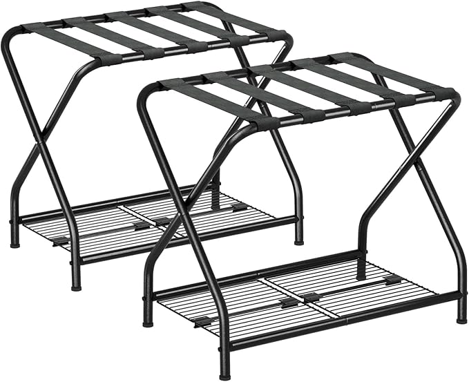 Set of 2 Luggage Rack with Storage Shelf, Foldable Suitcase Stand, Heavy Duty Metal Luggage Holder for Guest Room, Bedroom, Hotel, 150 lbs Top Capacity, 50 lbs Bottom Shelf LR-BK-2