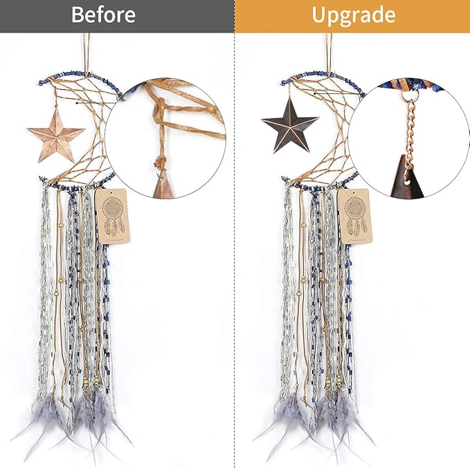 Dremisland Blue Dream Catcher Handmade Half Circle Moon Design Dream Catcher Feather Hanging with Star Home Decoration Ornament Festival Gift (Moon& Star)