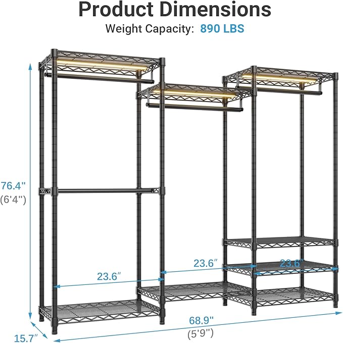 VIPEK V5LC Garment Rack Heavy Duty Covered Clothes Racks with Dimmable LED Light 3000K Warm White, Portable Closet Wardrobe Freestanding Clothing Racks for Hanging Clothes, Black Rack with Black Cover