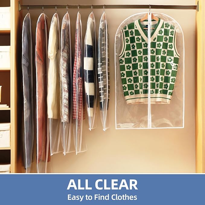 48" All Clear Garment Bags for Hanging Clothes, 12 Packs Suit Bags for Closet Storage, Plastic Waterproof Suit Cover Bags with Zipper for Coats, Jackets, Shirts (Set of 12)