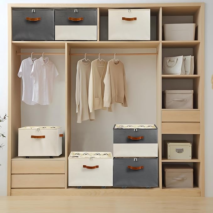 Shoe Organizer for Closet, 2 Pack Shoe Storage Organizer with Wheels and Adjustable Dividers, Stackable Shoe Storage Box with Clear Cover, Closet Shoe Organizer Fits up to 16-32 Pairs, Gray and Beige