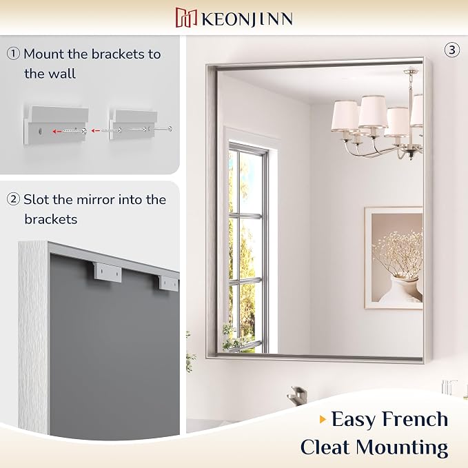 Keonjinn 48 x 36 In Brushed Nickel Bathroom Mirror, Rectangular Metal Framed Wall Vanity Mirror for Over Sink Square Corner Aluminum Alloy Modern Farmhouse Rectangle Silver Mirror(Horizontal/Vertical)