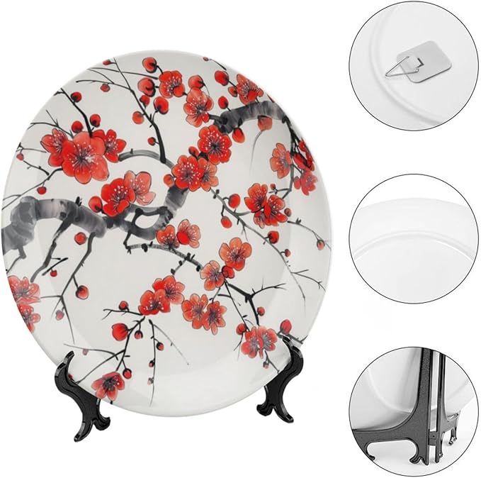 Japanese Spring Theme Decorative Ceramic Plate Round Porcelain Plate,Plum Tree Blossoms Pattern,for Decorative Ornaments Giving Plates, 1 Plate with 1 Display Stand,Red Beige,10 inch