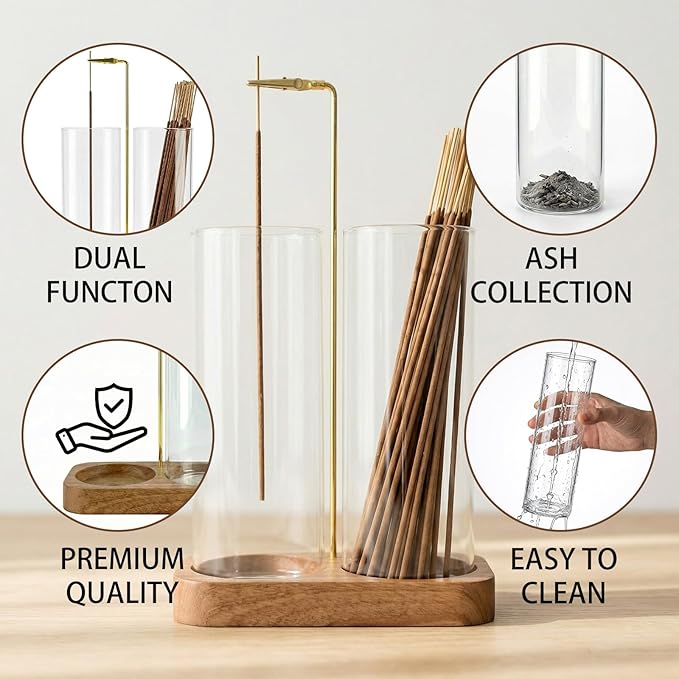 Incense Holder,Wooden Incense Holder for Sticks with 20 Incense Sticks, Anti-ash Incense Burner with Glass Ash Catcher, Wood Incense Holder 20 Stick (2 Glass Rectangle Base)