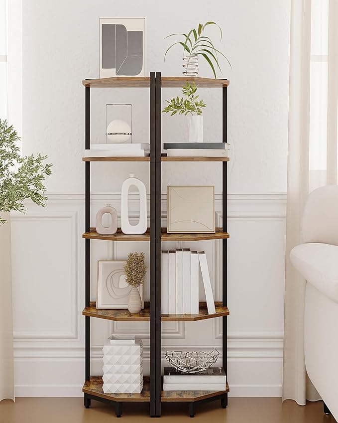 Hzuaneri Corner Shelf Stand, Corner Bookshelf, Storage Standing Shelf Unit with Metal Frame, Plant Stand, Bookcase for Living Room, Home Office, Bedroom, 5-Tier Rustic Brown CS05901B