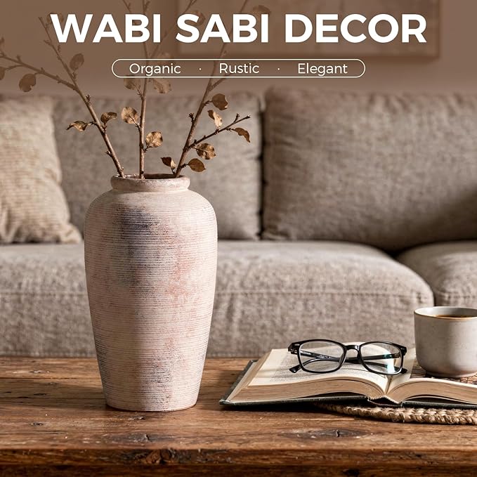 Rustic Distressed Ceramic Threaded Vase, 11" H Handmade Wabi Sabi Decor Vase (Antique Terracotta with Lime White & Distressed Black Patches) for Living Room Table Centerpieces, Entryway & Fireplace