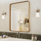 LOAAO 24X36 Inch Bathroom Mirror with Wood Grain Colored Metal Frame, Rounded Rectangle Metal Framed Bathroom Mirror, Anti-Rust, Hangs Horizontally or Vertically