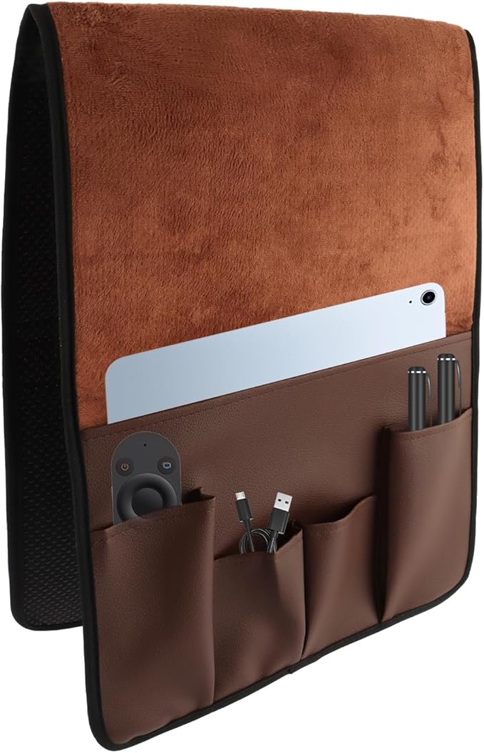 Anti-Slip PU Leather Velvet Sofa Couch Chair Armrest Soft Caddy Organizer Holder with 5 Pockets for Phone, Book, Magazines, TV Remote Control - Draped Over Sofa, Couch, Recliner Armrest (Brown)