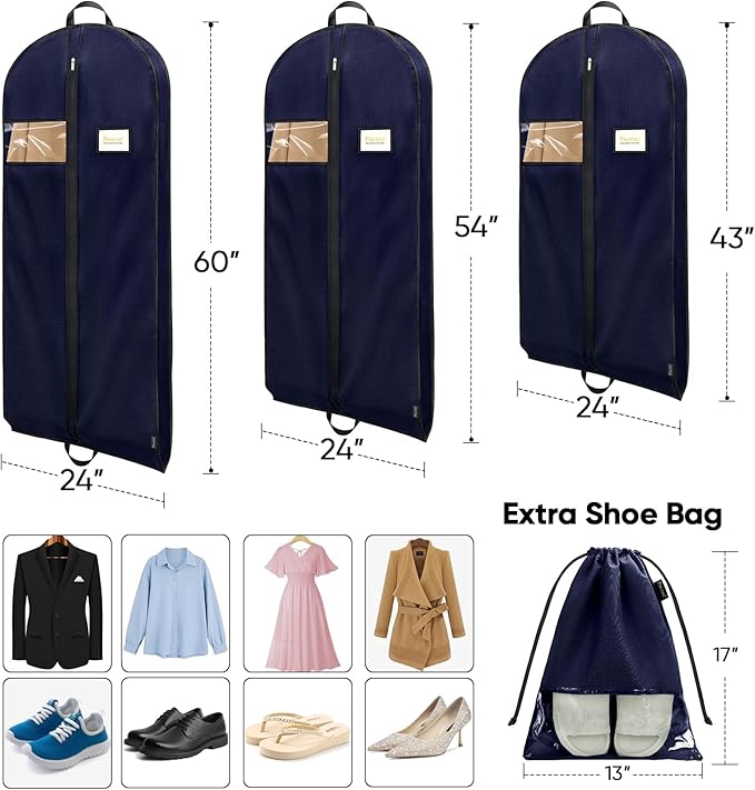 BALEINE 5PK Heavy Duty Garment Bag with Shoe Storage Travel Bag for Dresses, Suit, Coats Travel Essential (43", Blue)