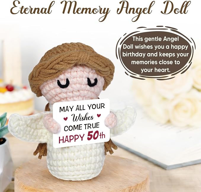 50th Birthday Gifts for Women Men, 1976 50th Birthday Decorations, Funny 50 Years Old Gifts for Family Friends Colleagues - Handmade Positive Angel Crochet Doll