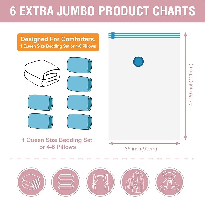 Cozy Essential Vacuum Storage Bags, Compression Space Saver Bags for Clothes, Comforters, Blankets, Pillow, Bedding, Sealer Clothing Storage,6 XXL Jumbo