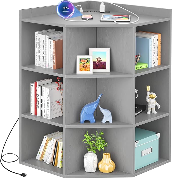 Aheaplus Corner Cabinet, Corner Storage with USB Ports and Outlets, Corners Cube Toy Storage for Small Space, Wooden Corners Cubby Bookshelf with 9 Cubes for Playroom, Bedroom, Living Room, Grey