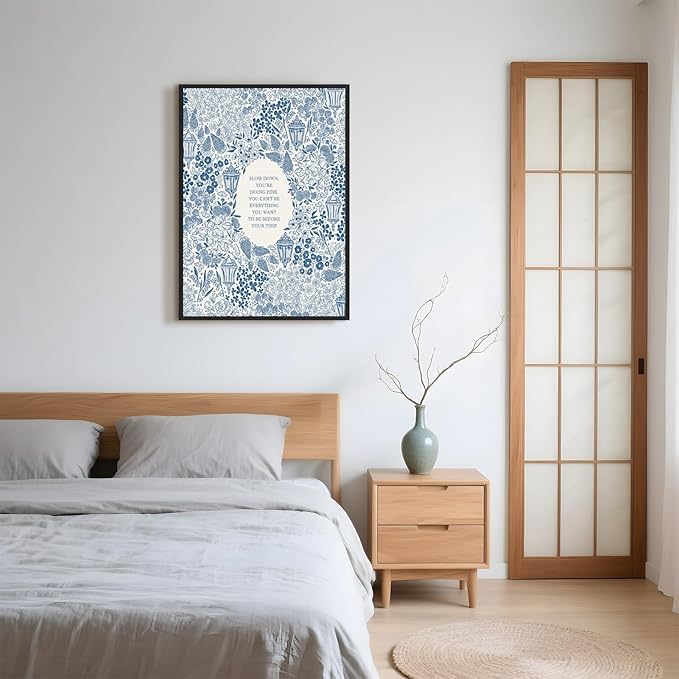 Framed Slow Down Youre Doing Fine Music Posters Motivational Quote Wall Art Blue Victorian Floral Inspirational Canvas Print Vintage Aesthetic Positive Affirmation Office Home Calming Decor 24x36inch
