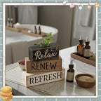 Moucuny 4 Pcs Bathroom Shelf Decor Sign Farmhouse Bathroom Decor and Accessories Rustic Eucalyptus Leaves Block Sign Gift Relax Renew Refresh Farmhouse Table Centerpiece for Home Office Toilet
