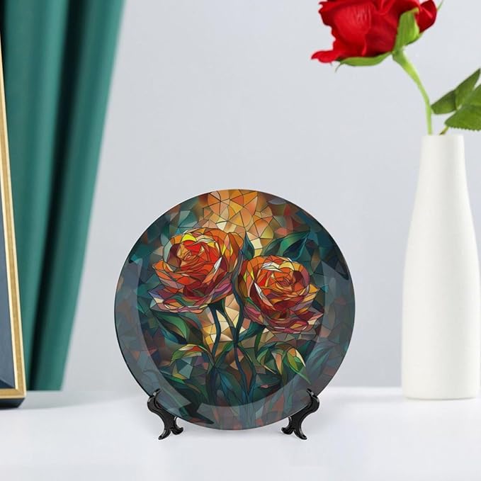 Stained Glass Theme Decorative Ceramic Plate Round Porcelain Plate,8 inch,Roses Pattern,for Decorative Ornaments Giving Plates, 1 Plate with 1 Display Stand,Green Red Orange