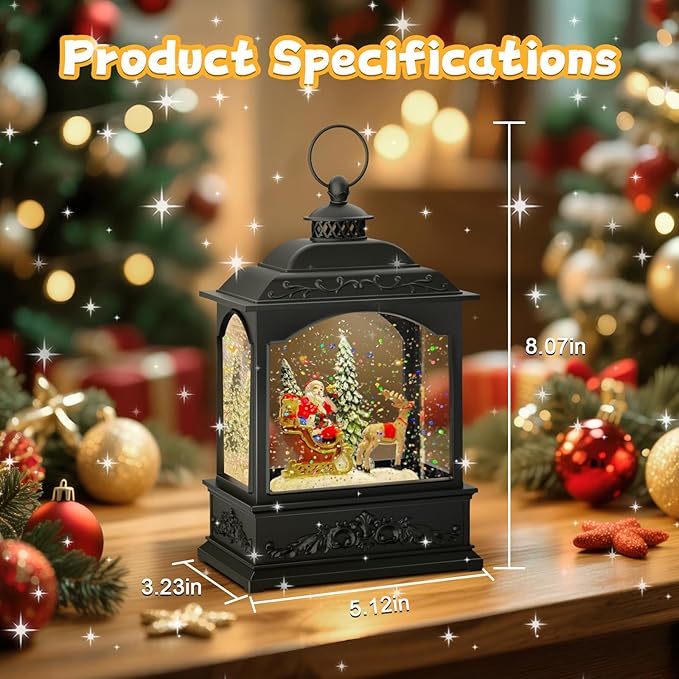 Christmas Snow Globe Lantern Water Glittering Santa Snow Globe with Music and Timer, USB Lined/Battery Operated, Christmas Eve Decorations Gifts, Lighted Lantern for Christmas Festival Decoration