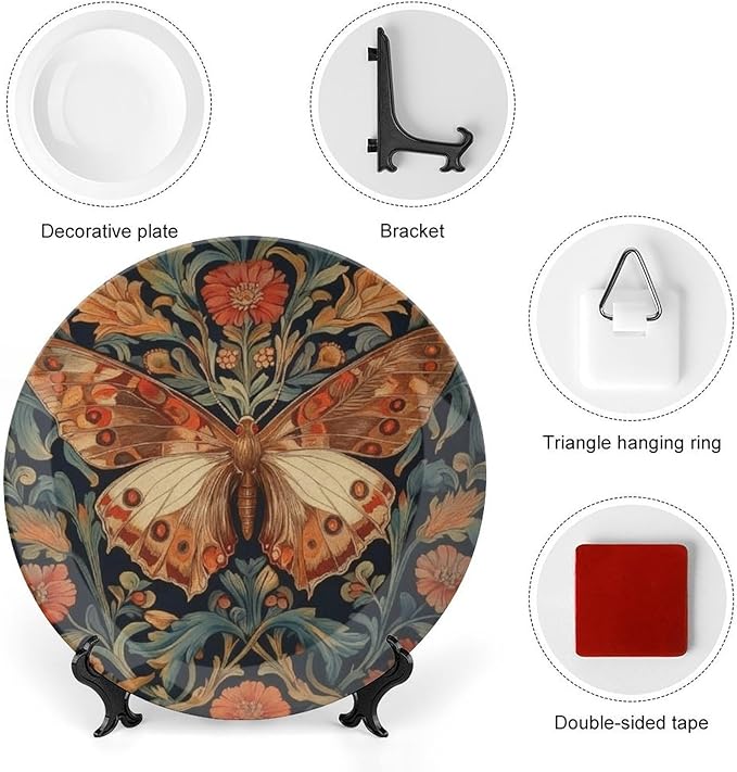 William Morris Art Wildflower Butterflies China Plates Decor for Club Farmhouse Art Decoration Custom Anniversary Idea Gifts Ceramic Ornaments Dessert Plates Including Bracket And Special Hook