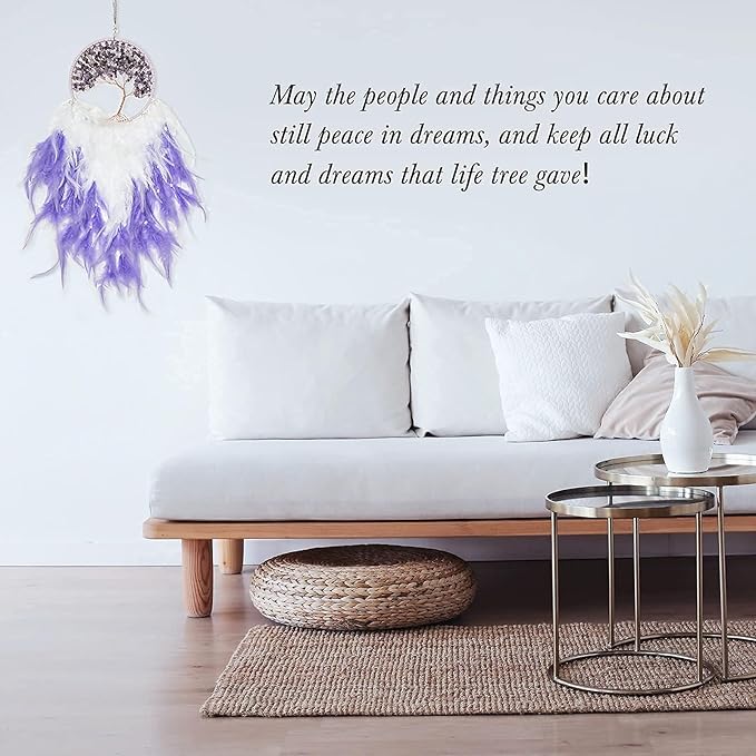 Pretty Jolly Fairy Purple Tree of Life Dream Catcher Wall Decor with Healing Crystal Stone Handmade Feather Dream Catchers Decoration Wall Hanging Ornaments for Bedroom Wedding Party Home Decor-25.6"