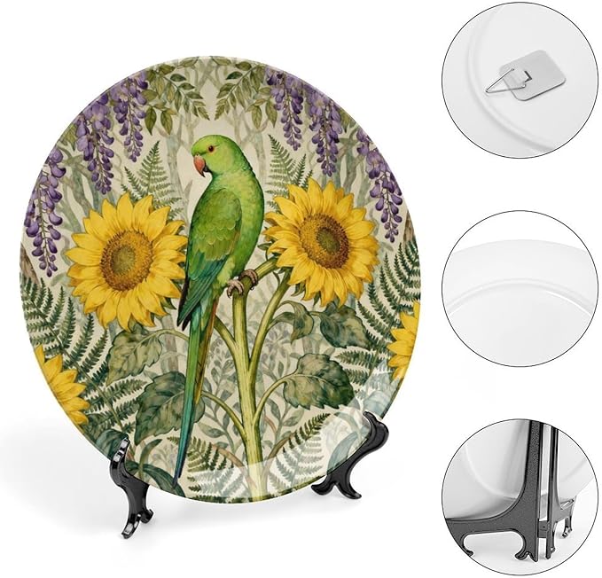 William Morris Forest Art Sunflower And Parrot Fashion Plates of 6", 7", 8", 10", Customize Christmas Design Blue And White Plates, Custom Gifts, Table Farmhouse Decorations Club, with Vertical Stand