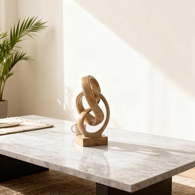 Abstract wood-toned knot sculpture, geometric decorative statue, wood-toned accent piece for living room coffee table or bookshelf surface, office TV cabinet or entryway console table decoration.