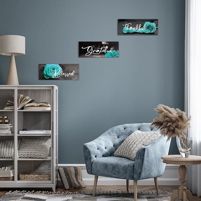 Hillban 3 Pieces Rose Wooden Wall Decor Rose Bathroom Decor Thankful Grateful Blessed Accessories Inspirational Wall Art Signs for Living Room Kitchen Wedding(10 x 4 Inch,Teal)