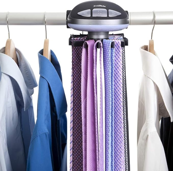 Primode Motorized Tie Rack Stores Up to 50 Ties– Closet Organizer, Holds & Displays Up to 50 Ties Or Belts, Rotation Operates with Batteries. Great Gift Idea for Fathers Day