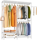 Heavy Duty Garment Rack, Metal Closet Organizers and Storage Clothing Racks 3 Tiers Adjustable Wire Shelving with 2 Hanger Rods and Side Hooks, 44.7" Lx16.5 Wx76.8 H, Max Load 800LBS, White