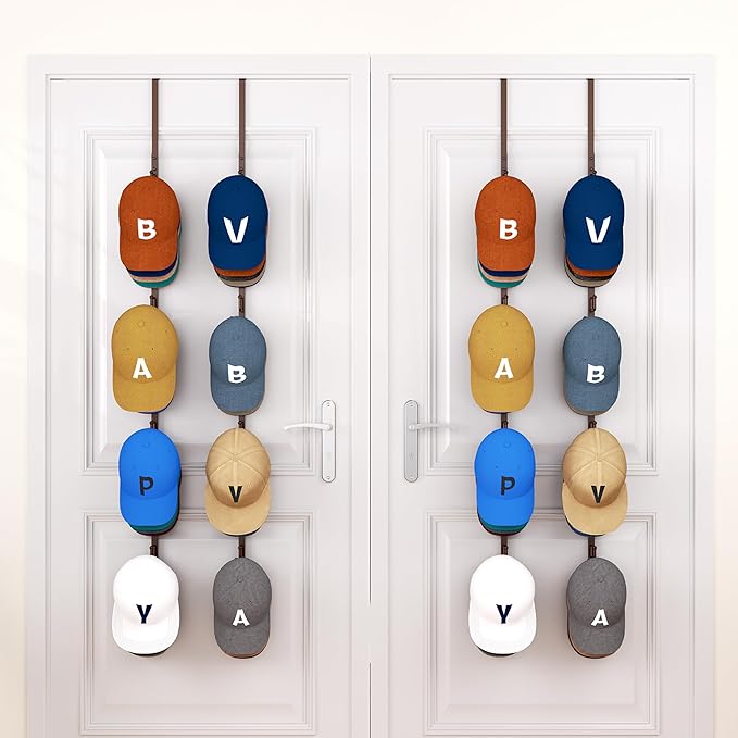 HapiRm Over Door Hat Rack - 4 Packs Metal Hanging Hat Organizer with 16 Hooks Design, Baseball Cap Hanger Organizer Storage Holds up to 80 Caps for Door, Bedroom, Closet（Brown）